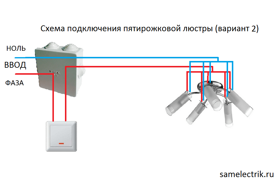 Схема на свързване на полилей с пет рамена с превключвател с един ключ