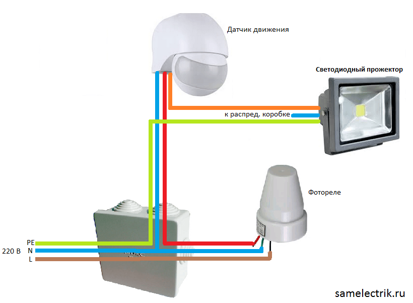 Connection diagram of a searchlight with a motion sensor and a photo relay
