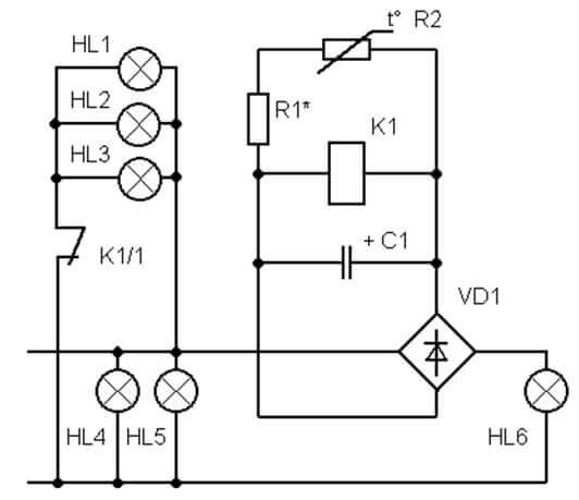 Control circuit on thermistor and relay