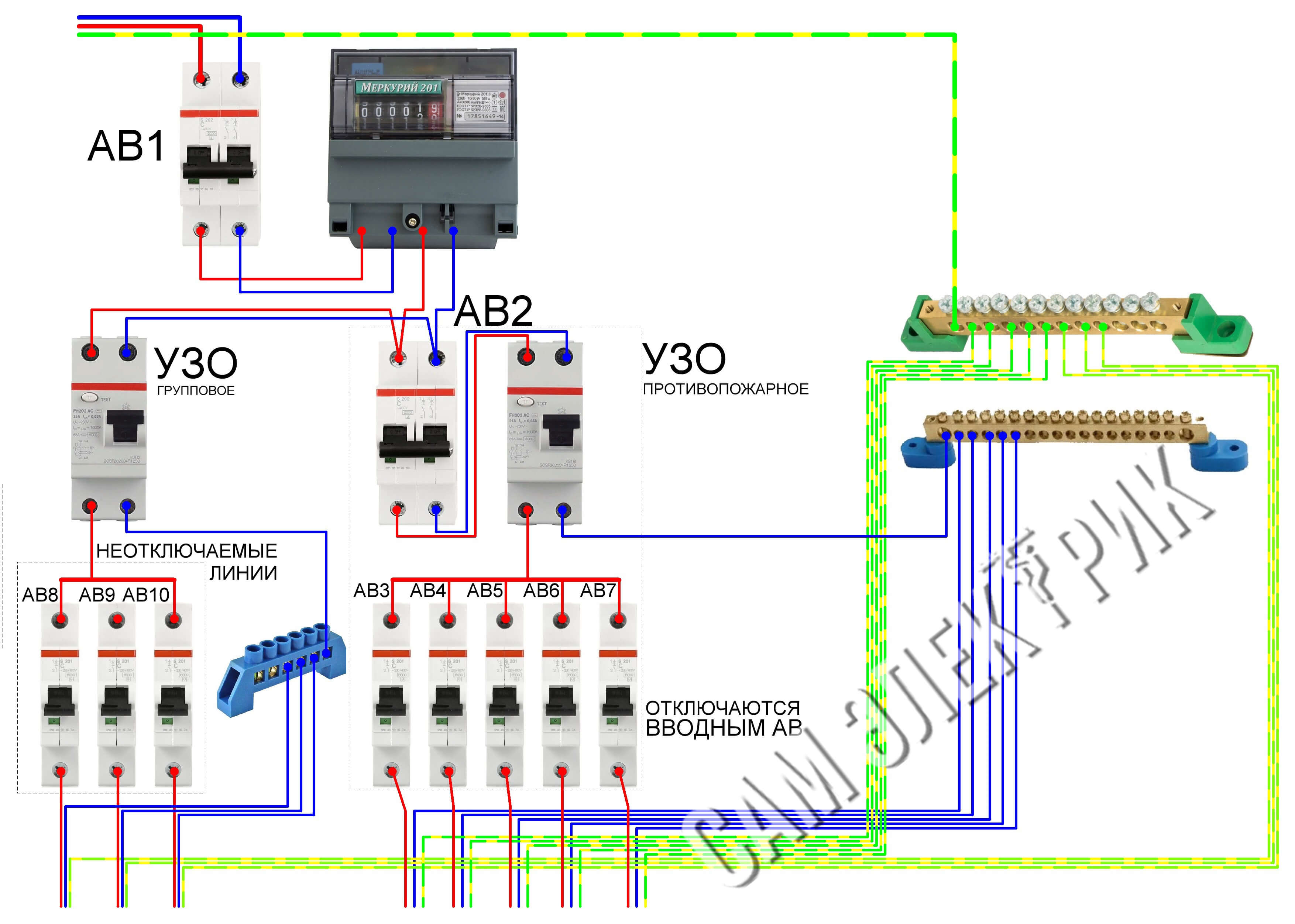 Scheme with fire and group RCD