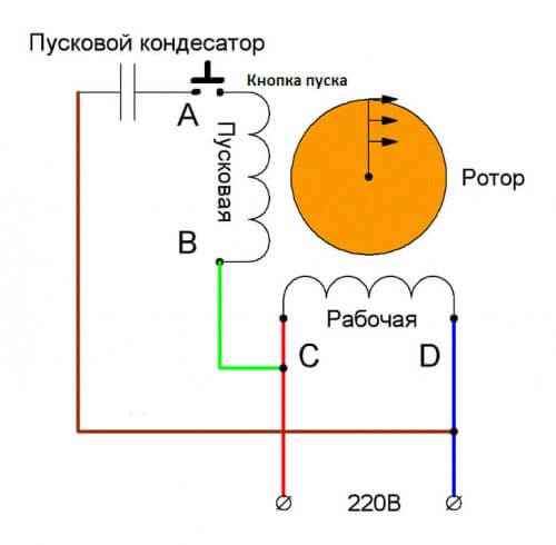 Схема за стартиране на еднофазен двигател с пусков кондензатор
